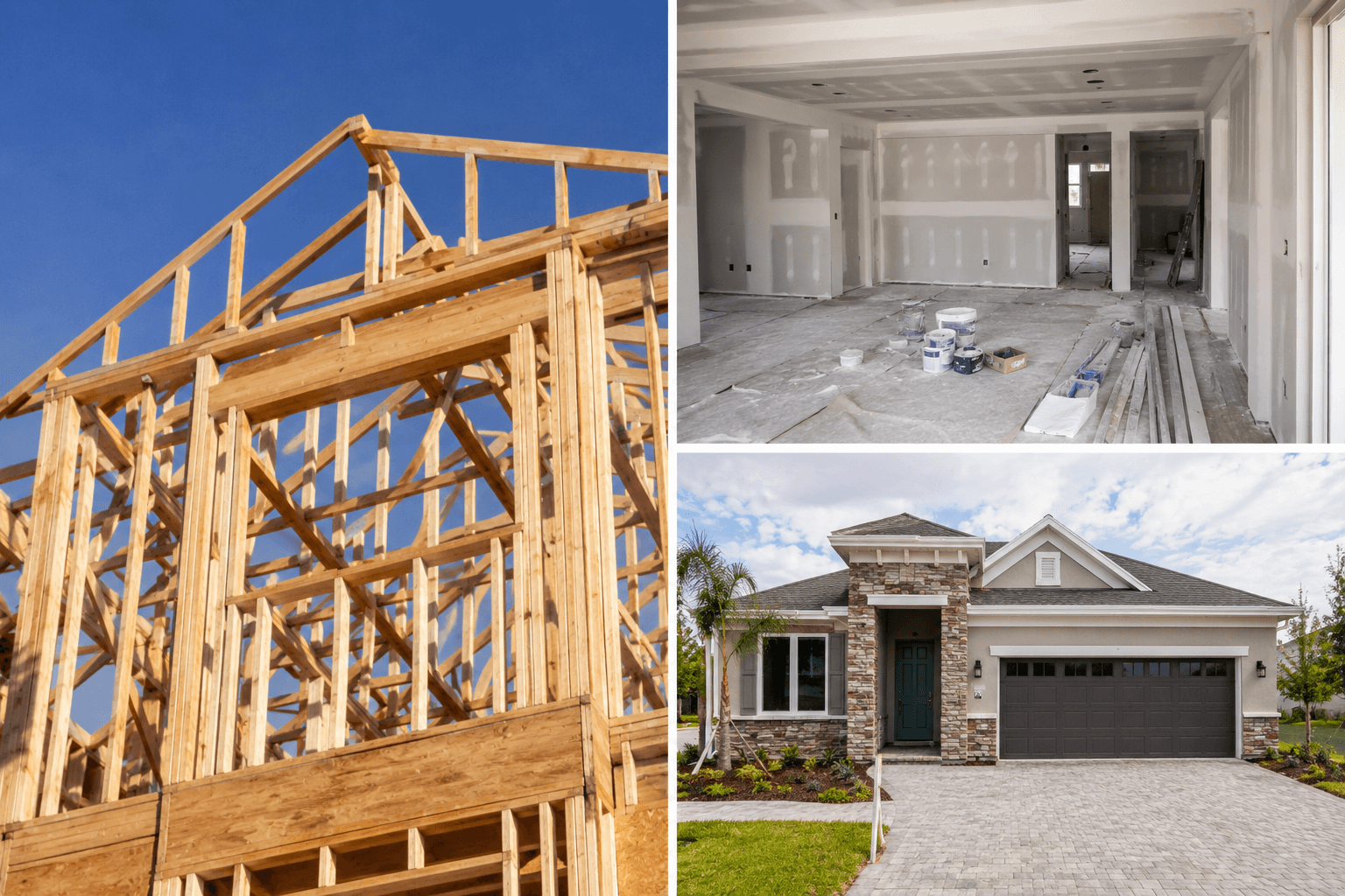 Construction project stages from framing and interior work through completed delivery